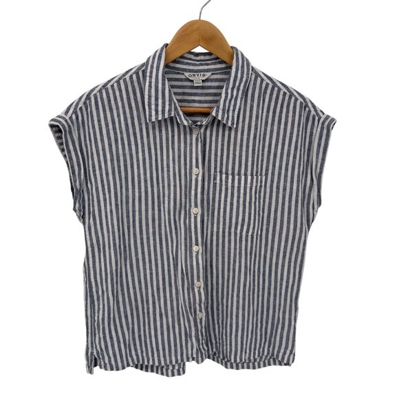 Orvis Tops - Orvis Button Front Shirt Womens‎ Small White Gray Stripe Linen Rayon Cap Sleeve